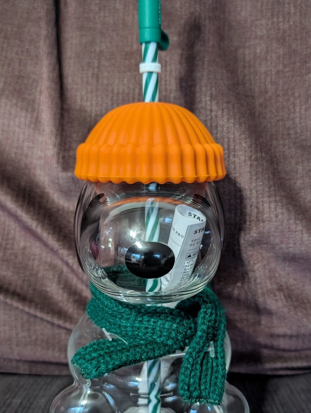 Glass Snowman Drink Cup with Orange Lid and Green Scarf
